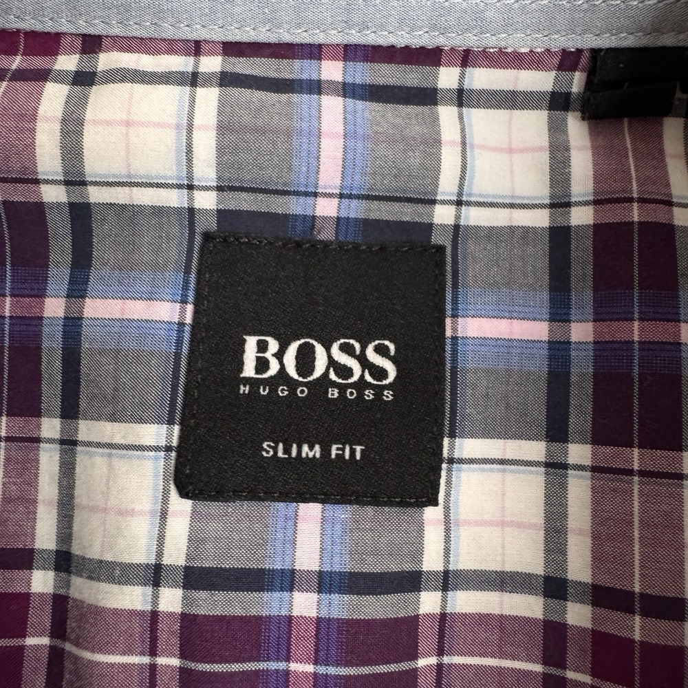 Hugo Boss Mens Slim fit Long Sleeve Button-Up Shirt Large Cream Purple Plaid EUC - Picture 2 of 8